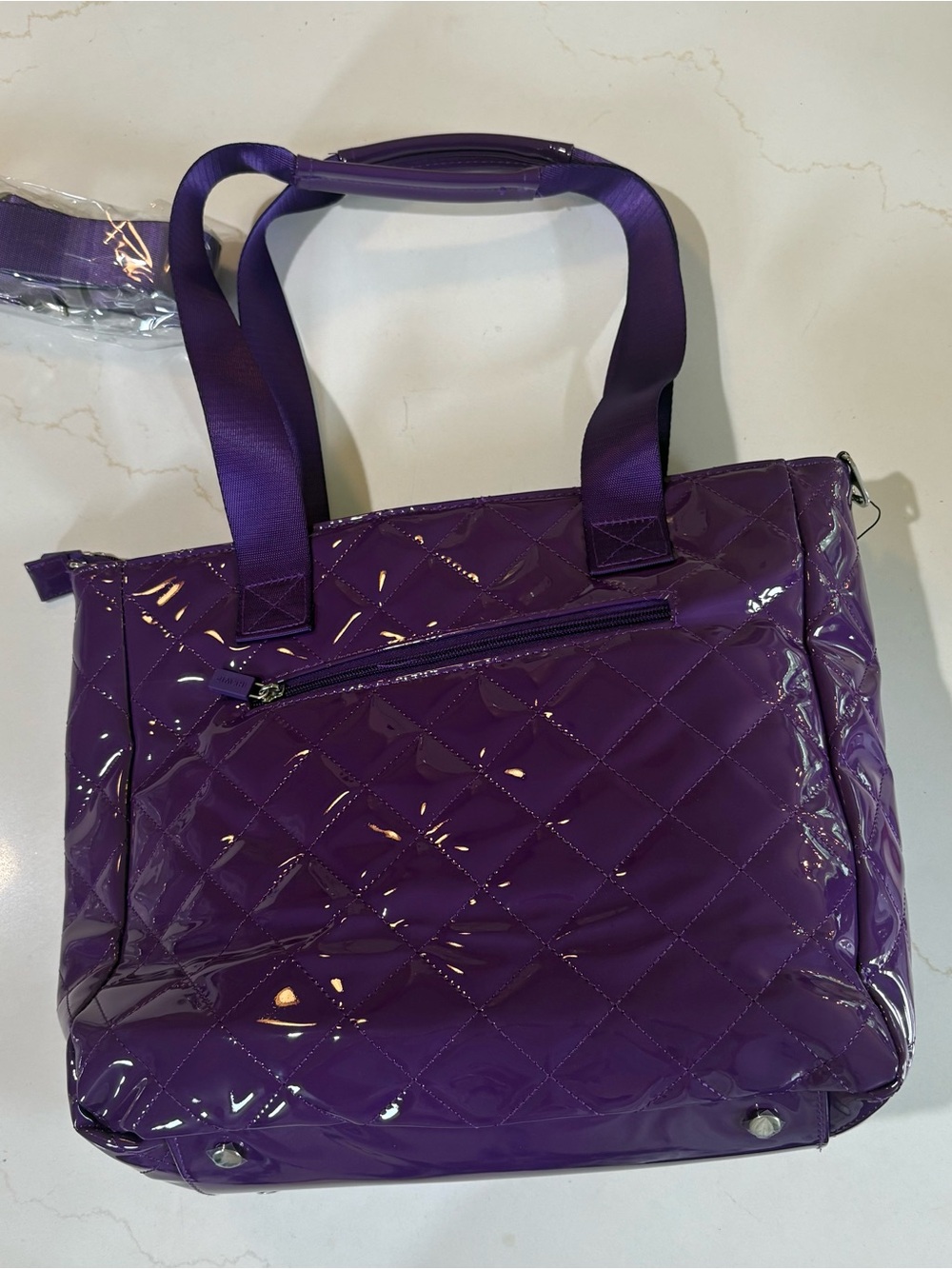 NWT IHKWIP Be My Valentine HeartTote with Crossbody Strap Purple Patent - Picture 3 of 4